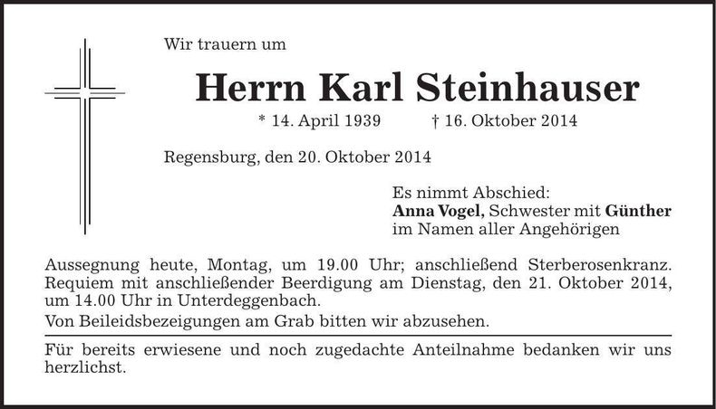 Traueranzeige Karl Steinhauser
