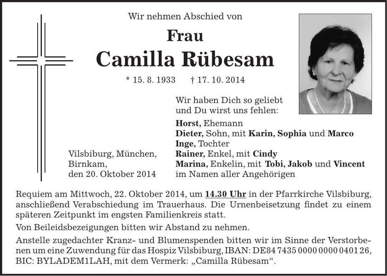 Traueranzeige Camilla Rübesam