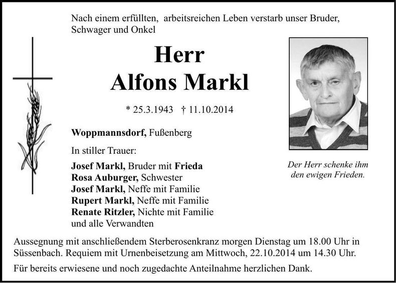 Traueranzeige Alfons Markl