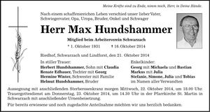 Traueranzeige Max Hundshammer