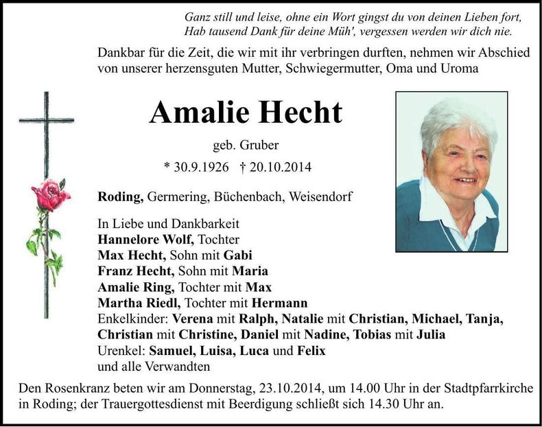 Traueranzeige Amalie Hecht