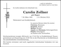 Traueranzeige Carolin Zollner