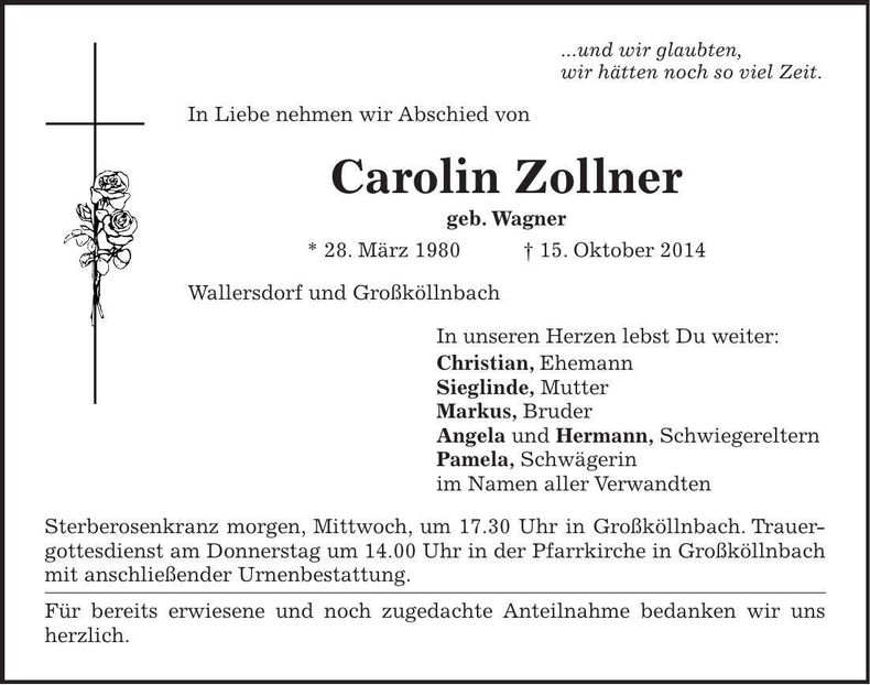 Traueranzeige Carolin Zollner