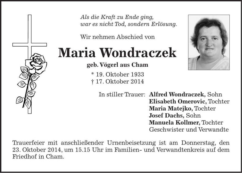 Traueranzeige Maia Wondraczek