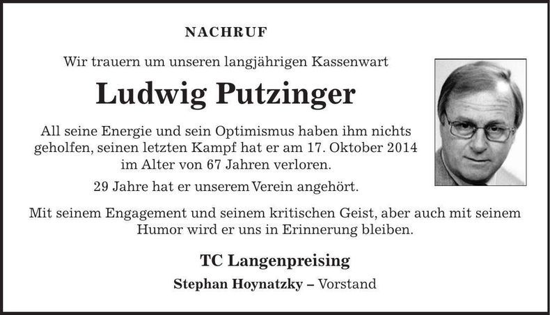 Traueranzeige Ludwig Putzinger