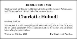 Traueranzeige Charlotte Huhndt