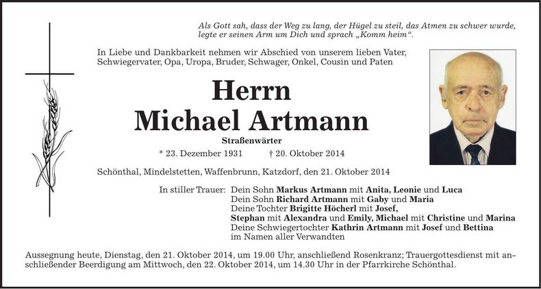 Traueranzeige Michael Artmann