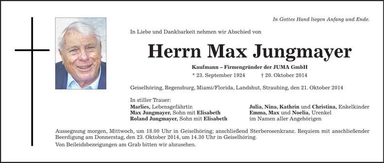 Traueranzeige Max Jungmayer
