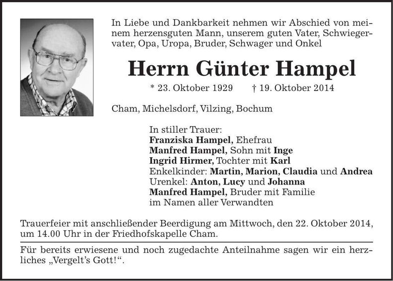 Traueranzeige Günter Hampel