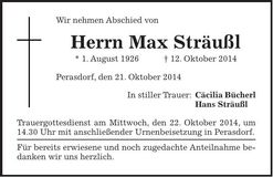Traueranzeige Max Sträußl