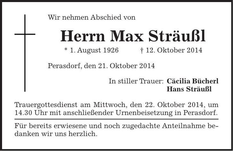 Traueranzeige Max Sträußl
