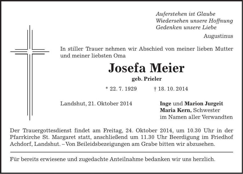 Traueranzeige Josefa Meier