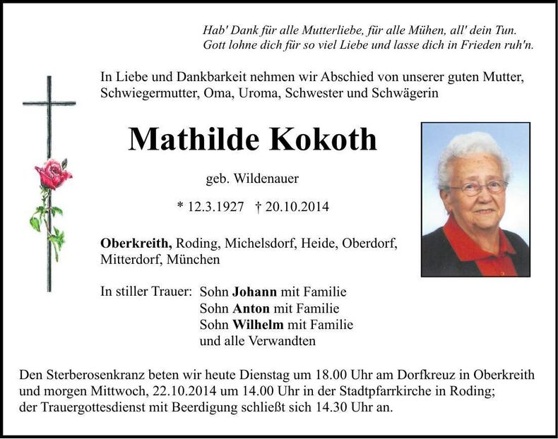 Traueranzeige Mathilde Kokoth