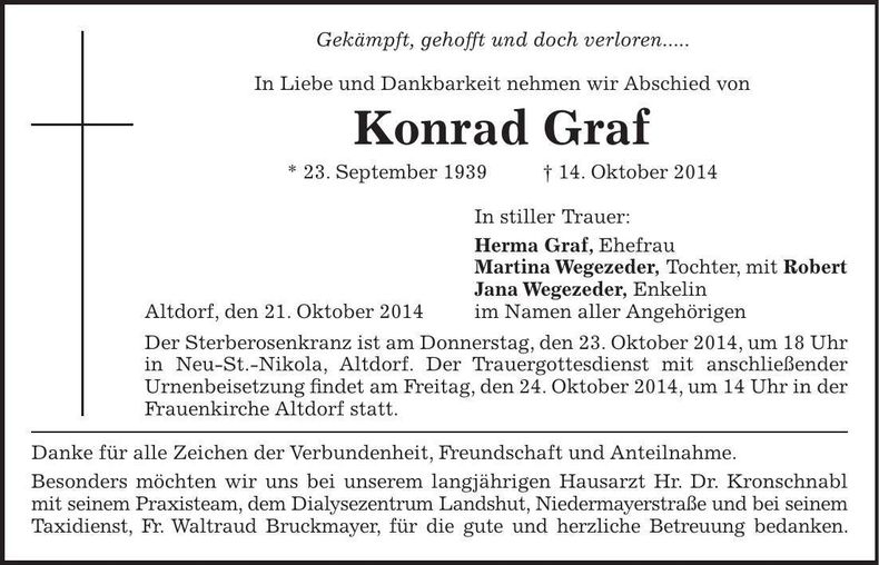 Traueranzeige Konrad Graf
