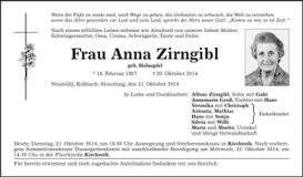 Traueranzeige Anna Zirngibl