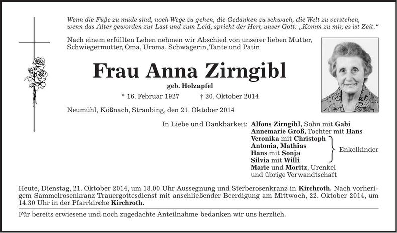 Traueranzeige Anna Zirngibl