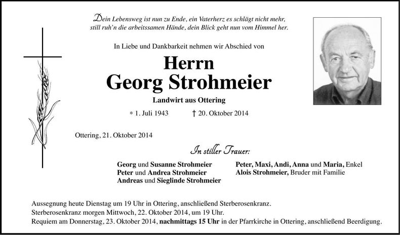 Traueranzeige Georg Strohmeier