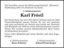 Traueranzeige Karl Fröstl