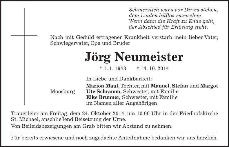 Traueranzeige Jörg Neumeister