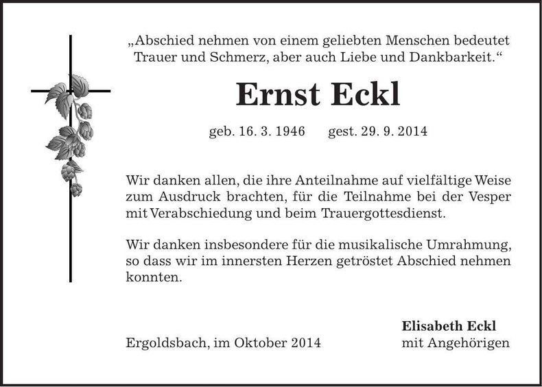 Traueranzeige Ernst Eckl