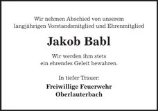 Traueranzeige Jakob Babl