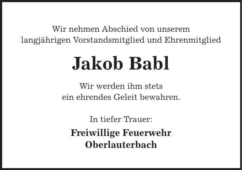 Traueranzeige Jakob Babl