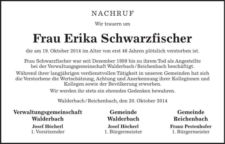 Traueranzeige Erika Schwarzfischer