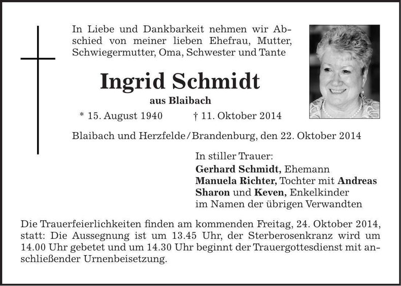 Traueranzeige Ingrid Schmidt