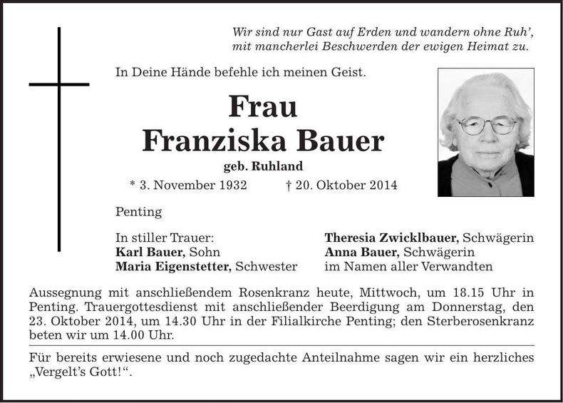 Traueranzeige Franziska Bauer