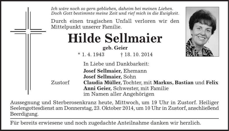 Traueranzeige Hilde Sellmaier