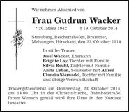 Traueranzeige Gudrun Wacker