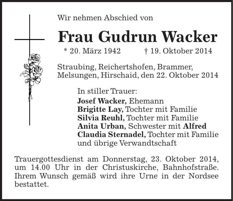 Traueranzeige Gudrun Wacker
