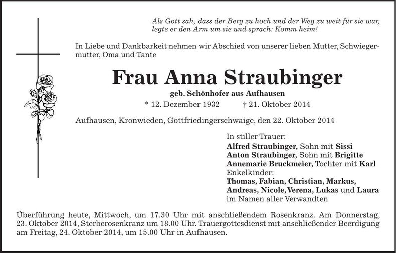 Traueranzeige Anna Straubinger