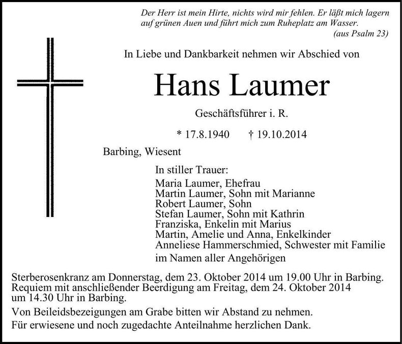 Traueranzeige Hans Laumer