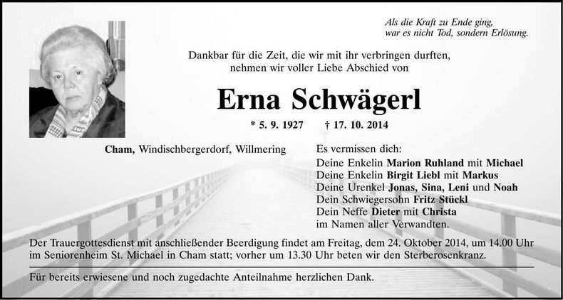 Traueranzeige Erna Schwägerl