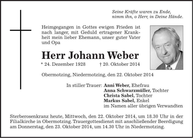 Traueranzeige Johann Weber