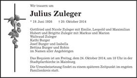Traueranzeige Julius Zuleger