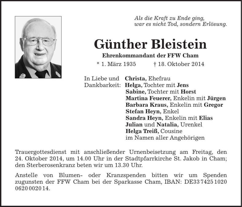 Traueranzeige Günther Bleistein