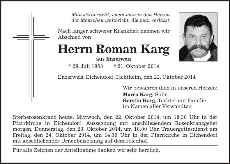 Traueranzeige Roman Karg