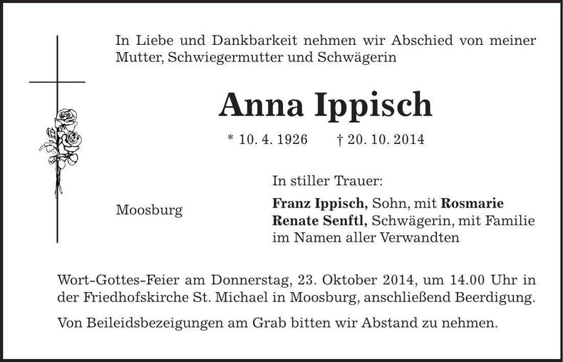 Traueranzeige Anna Ippisch