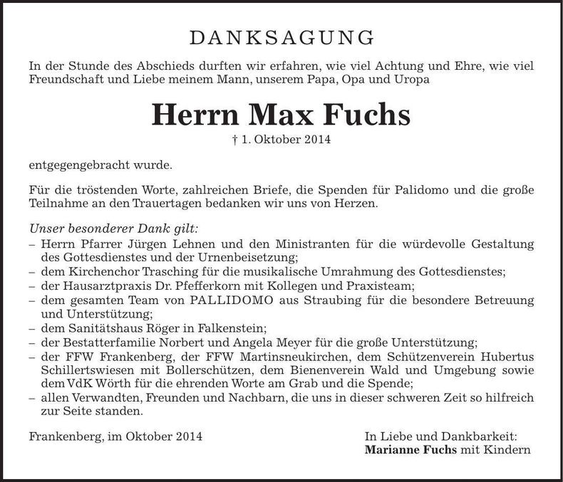 Traueranzeige Max Fuchs