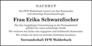 Traueranzeige Erika Schwarzfischer