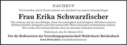 Traueranzeige Erika Schwarzfischer