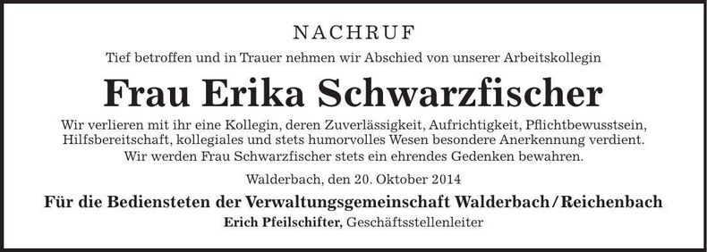 Traueranzeige Erika Schwarzfischer