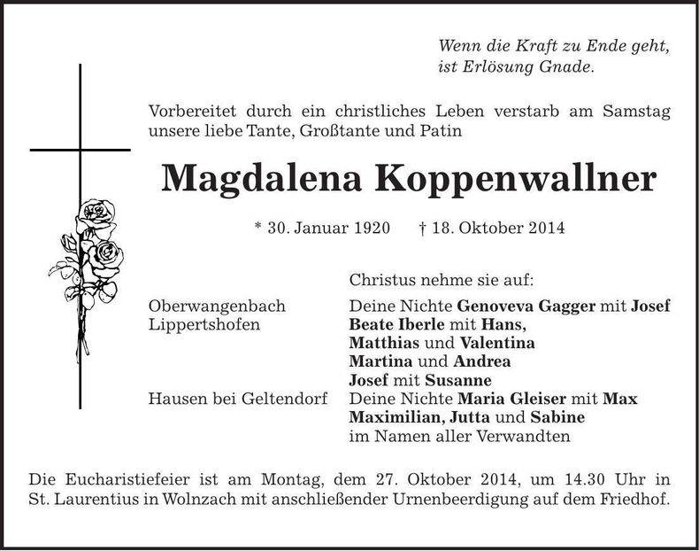 Traueranzeige Magdalena Koppenwallner
