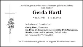 Traueranzeige Gerda Hartl