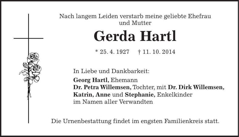 Traueranzeige Gerda Hartl