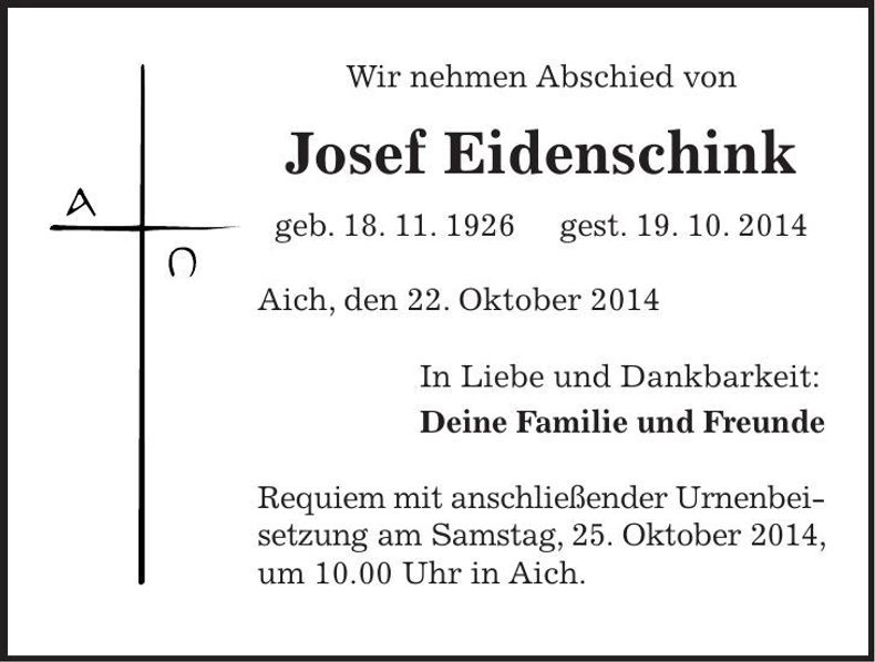 Traueranzeige Josef Eidenschink