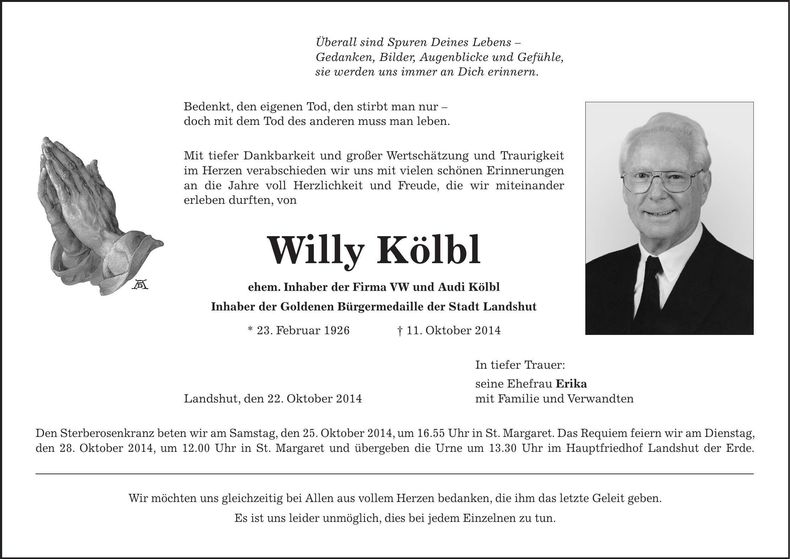 Traueranzeige Willy Kölbl