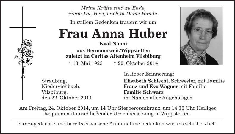 Traueranzeige Anna Huber